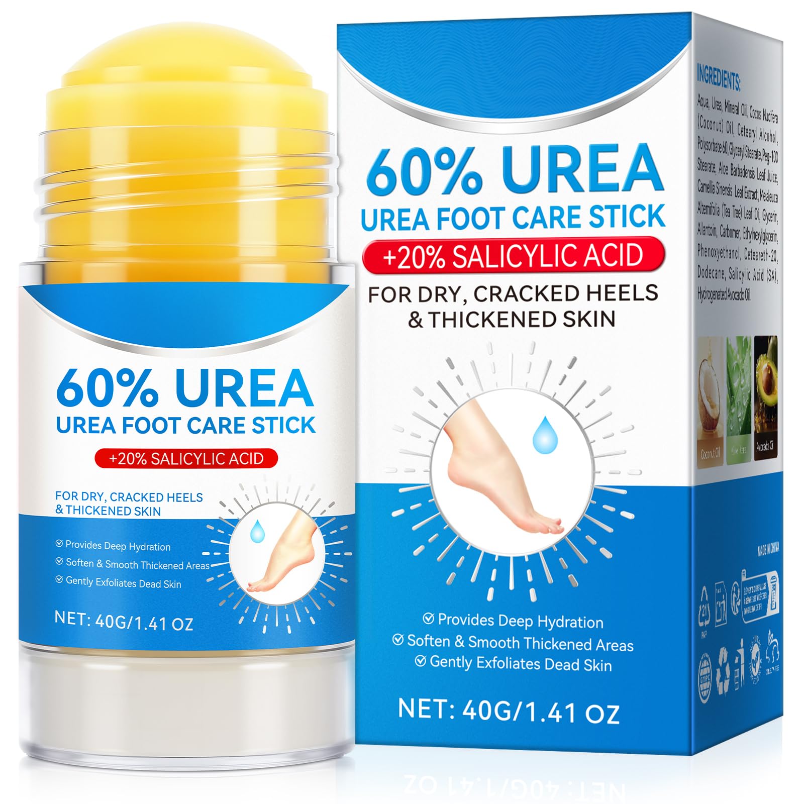 WeiWeiLa Urea Cream, Intensive Foot Repair Stick 60% Urea with 2% Salicylic Acid Heel Balm Stick, Maximum Strength Callus Remover Foot Care Cream for Cracked Heels, Dry Feet & Rough Skin