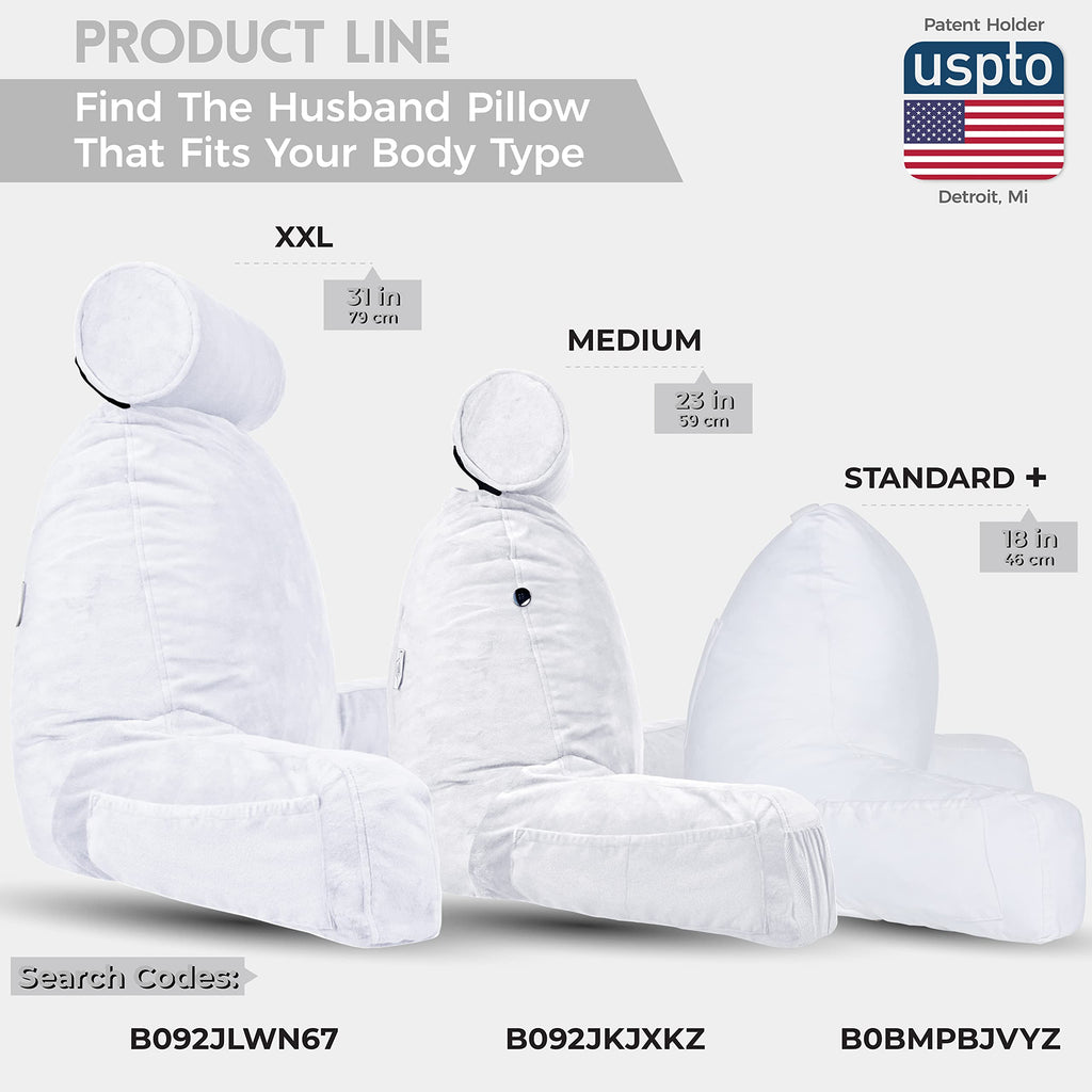 Husband Pillow XXL Reading & Bed Rest Pillows - Premium Memory Foam Backrest Pillow with Arms & Neck Roll - Aspen Edition White Dandelion - Reversible 2 Sided Cover with Plush Microfiber and Suede