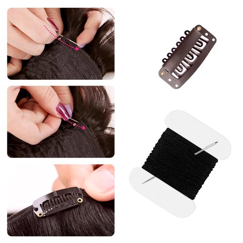 Guokoo 48 Pcs 32mm Wig Clips 6-Teeth U-Shape for Hair Extensions, with DIY Needle and Thread Kit - Snap Hair Clips for Extensions (Dark Brown)