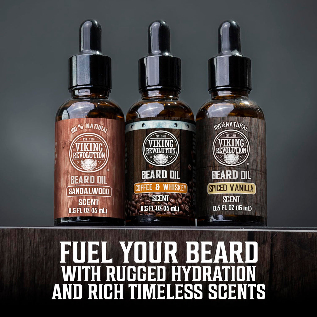 Viking Revolution 3 Pack Ultimate Beard Care Collection - Each Pack Includes 3 Beard Oils (3 X 0.5 FL OZ), 3 Balms (3 X 0.5 OZ), Brush, Wooden Comb & Filling Pen. Soften, Condition & Style
