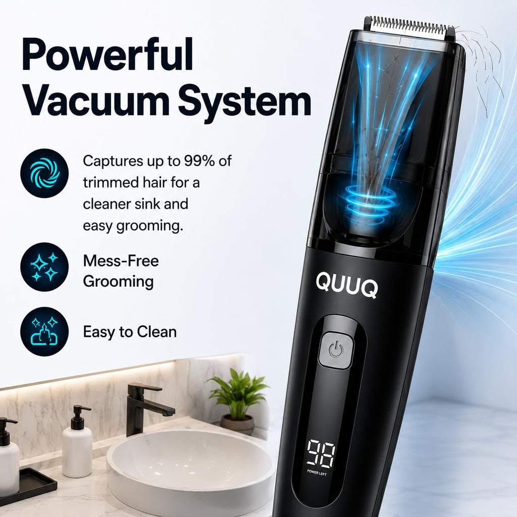 QUUQ Vacuum Beard Trimmer for Men, Cordless Electric Grooming Kit with Self-Collecting Hair Clipper, Adjustable 1–20mm Comb, IPX6 Waterproof, USB Rechargeable Mustache Trimmer