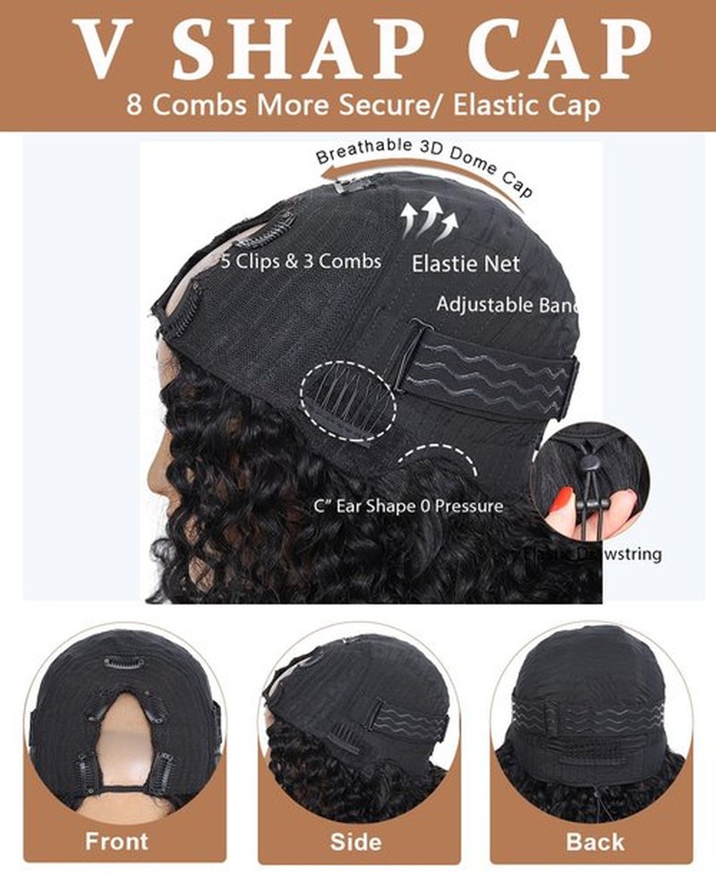 jcoolo V Part Wig Human Hair Kinky Curly Upgrade U Part Human Hair Wig With Adjustable Drawstring 200% Density V Shape Clip In Half Wig For Women Natural Color 20 Inch