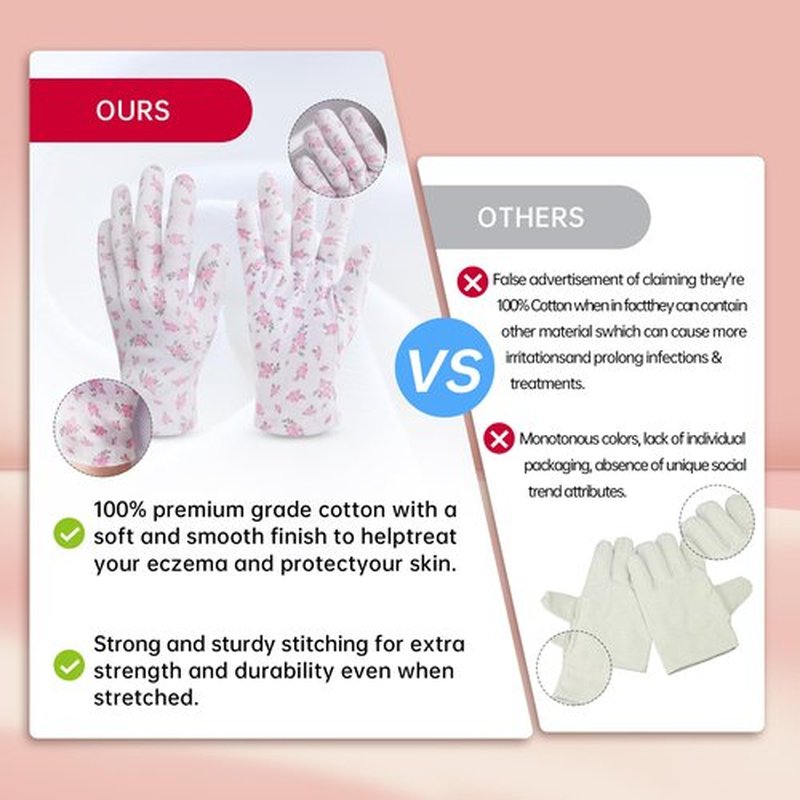 HandLove Premium 100% Cotton Gloves | Moisturizing Gloves for Dry Hands | Overnight Sleeping & Eczema | White Floral Dots, 12 Pairs