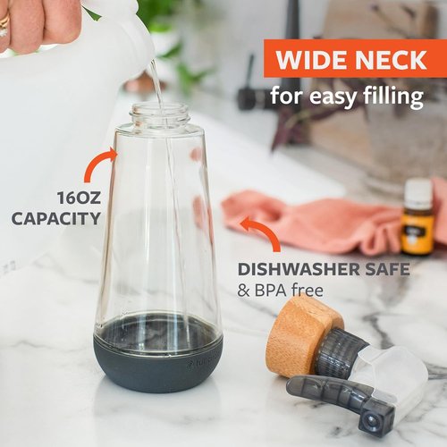 Full Circle | Refillable Glass Spray Bottle - Versatile Stream & Mist Options, 16oz Gray, 3 Pack for Non-Toxic Cleaning & Plant Care