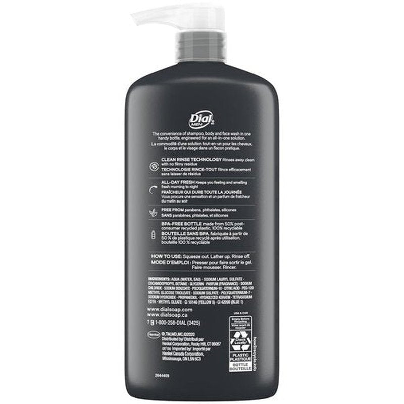 Dial Men 3-in-1 Body, Hair, and Face Wash - Recharge Formula | 69 Fl Oz (3 x 23 Fl Oz Bottles)