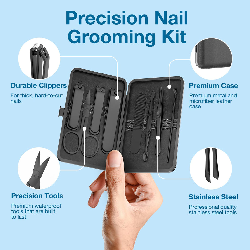 OFIDUS Precision 8 Pieces Men’s Nail Grooming Travel Kit, Stainless Steel Manicure Set with Fingernail & Toenail Clippers, Nail File, Slant Tip Tweezers, Cuticle Scissors, Cuticle Pusher, Travel Case