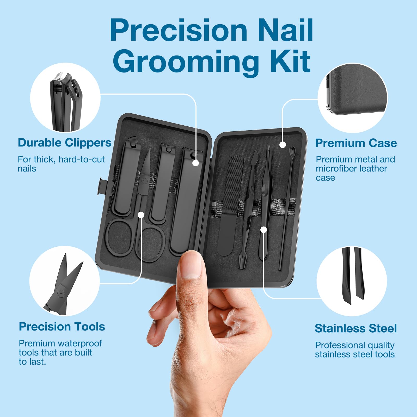 OFIDUS Precision 8 Pieces Men’s Nail Grooming Travel Kit, Stainless Steel Manicure Set with Fingernail & Toenail Clippers, Nail File, Slant Tip Tweezers, Cuticle Scissors, Cuticle Pusher, Travel Case