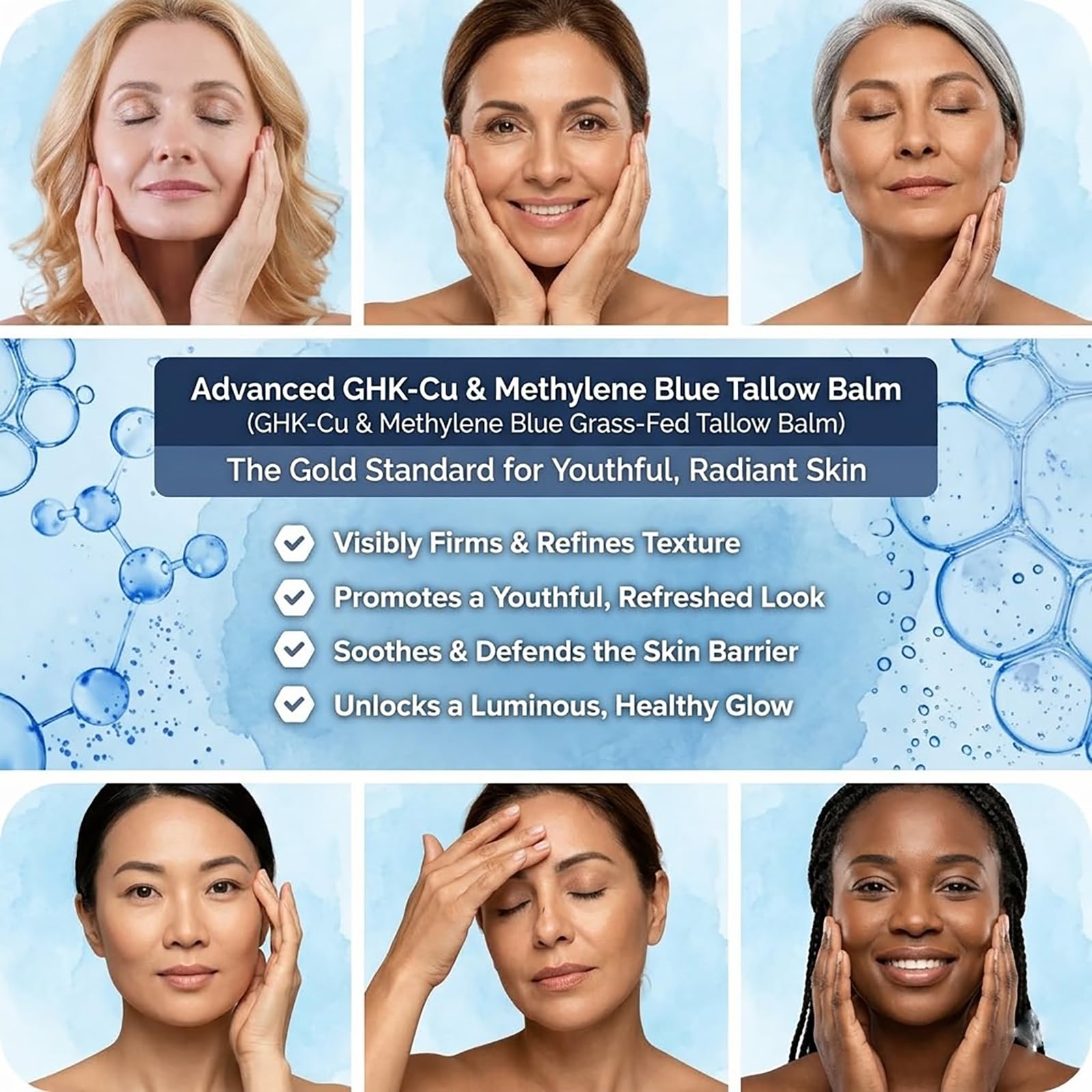 TKSHINY GHK-CU & Methylene Blue Grass-Fed Tallow Balm, Face Moisturizer with Hyaluronic Acid & Honey Extract, Skin Barrier Repair & Anti-Aging Face Cream for Fine Lines & Dry Skin 2.11Oz