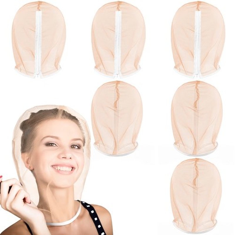 Loopeer 6 Pcs Makeup Protector Hood, Washable Light Airy Nylon Chiffon Face Cover, Protects Hair and Make up While Getting Dressed Zipper Closure Reusable Cosmetic Mask for Women Beauty Wedding(Nude)