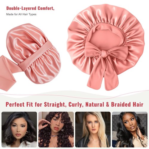 Satin Bonnet with Tie Band, Double Layer Adjustable Sleep Bonnet with Silk-Like Lining, Stay On Night Cap for Curly Hair, Braids & Natural Hair