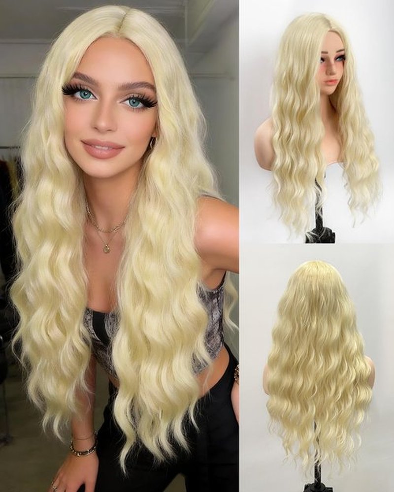 Aida ble Long Blonde Wig for Women 28 Inch Wavy Curly Blond Wig Middle Part Synthetic Wig Natural Looking for Daily Party Halloween Cosplay Use