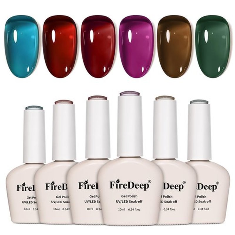 Firedeep 10ml Hema Free Gel Nail Polish Set, 6 Colors Transparent Jelly Gel Polish Kit Sheer Jelly Dark Red Deep Green Brown Blue Purple Color Manicure Gift for Art DIY and Salon