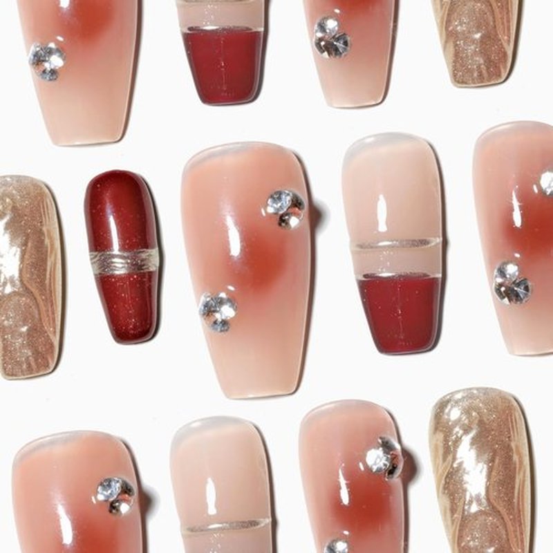 Sun&Beam Nails Handmade Press-on Medium Long Coffin Ballerina Red Nude Gold Gradation Design False Nail Tips 10 Pcs (#043 S)