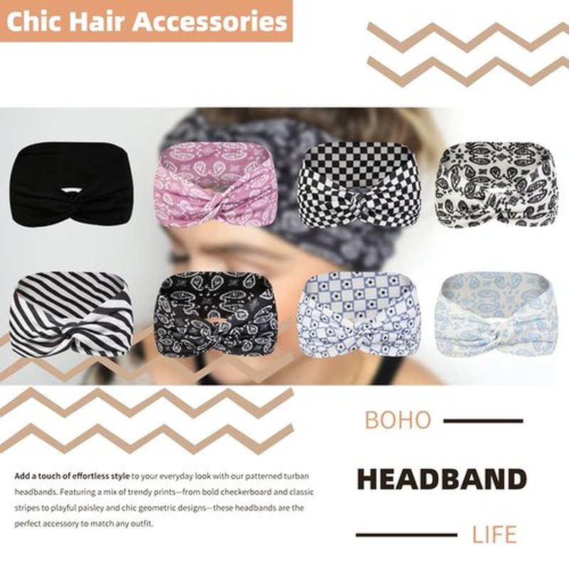Tobeffect 8 Pcs Turban Headbands for Women, Boho Stretchy Hairbands Fashion Women's Headband Non-slip Big Large African Sport Workout Head Bands for Lady