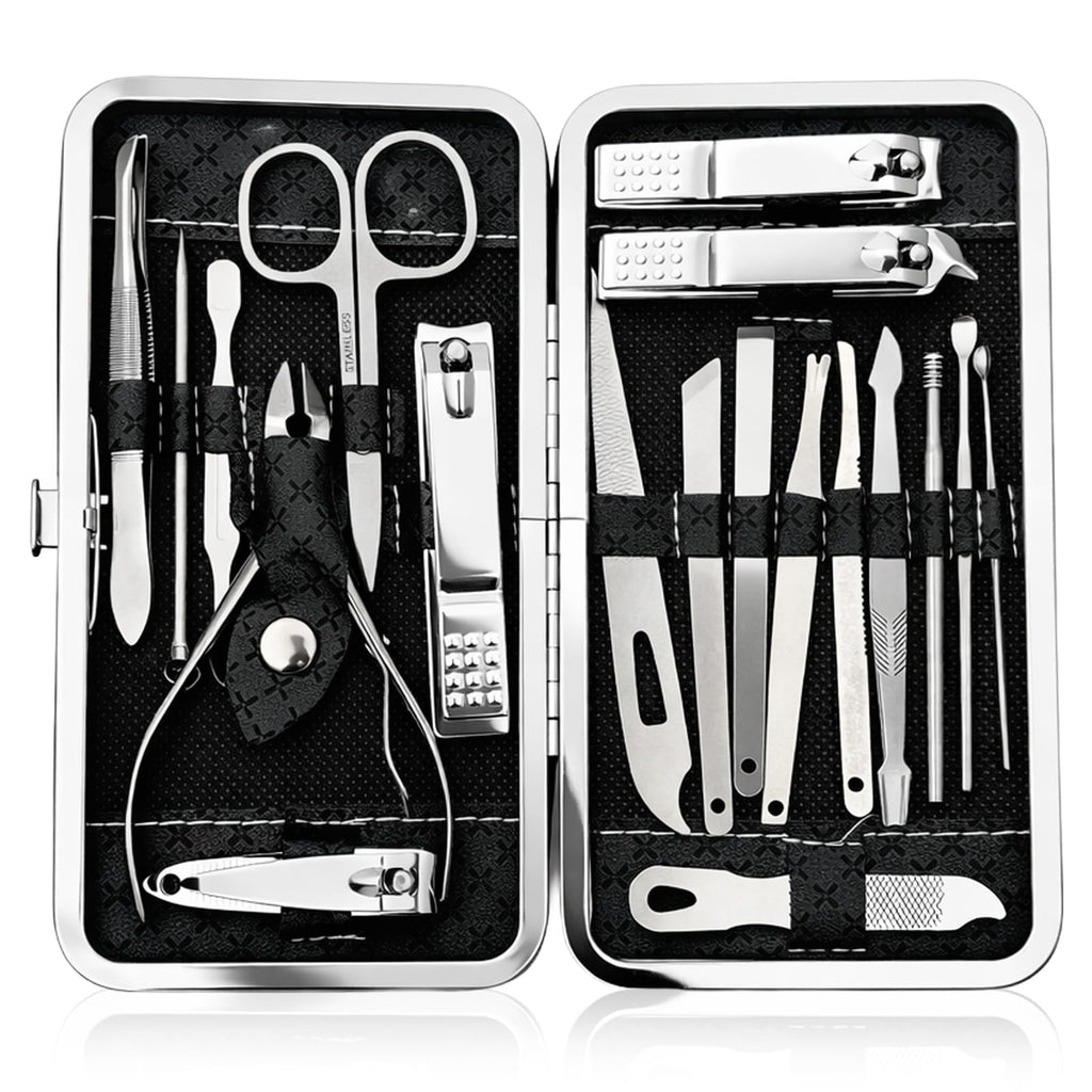 19-Piece Professional Nail Clippers & Grooming Kit (Black) – Fingernail and Toenail Cutters Manicure Pedicure Set with Travel Case for Men and Women