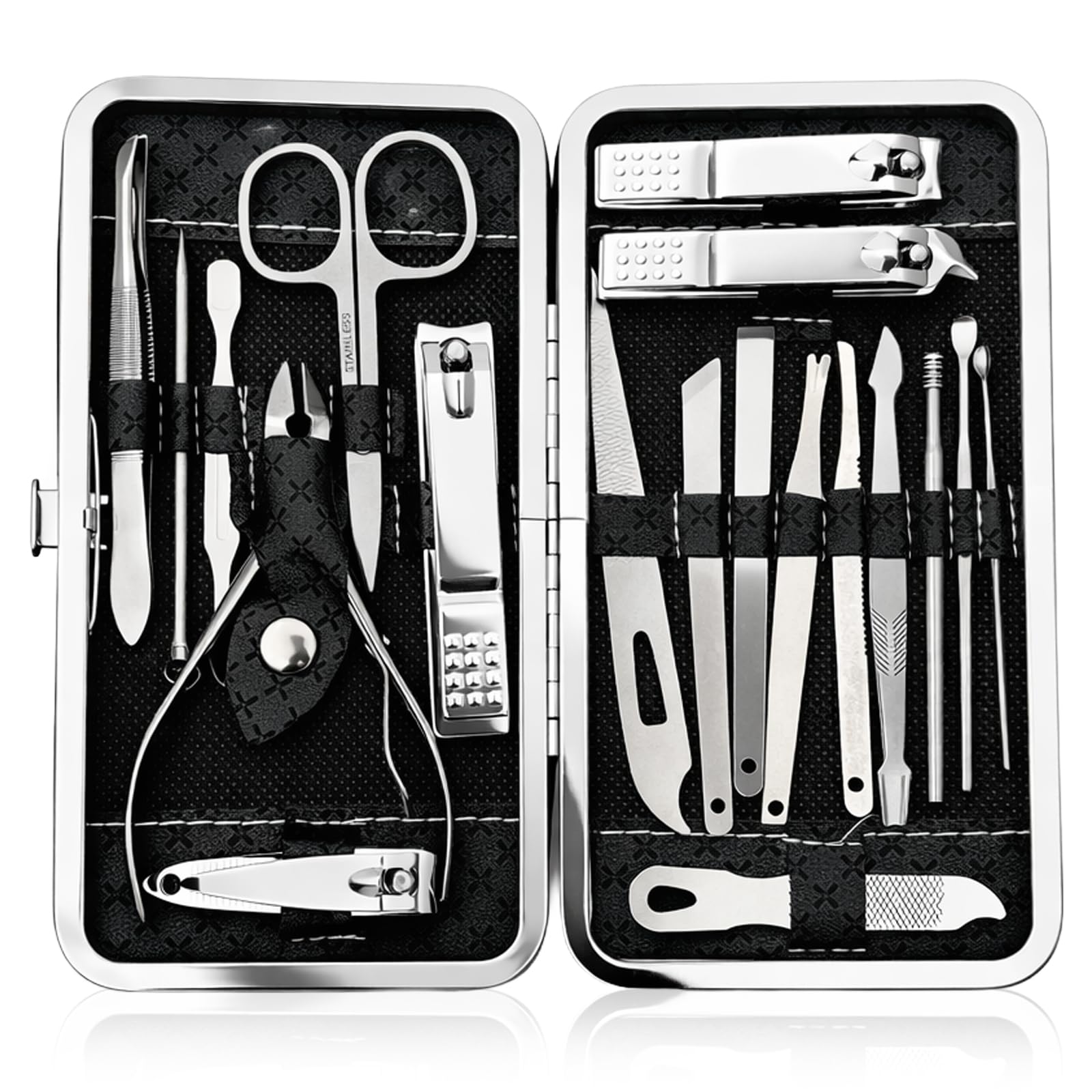 19-Piece Professional Nail Clippers & Grooming Kit (Black) – Fingernail and Toenail Cutters Manicure Pedicure Set with Travel Case for Men and Women