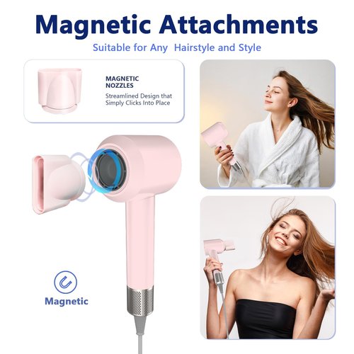 Diffuser Hair Dryers for Women Men, KIKVOOL 110000 RPM Fast Ionic Blow Dryer for Thick Hair, Protable Travel Hair Diffuser Dryer, Brushless Motor, 3 Temps/2 Speeds Lightweight Hairdryer, Pink