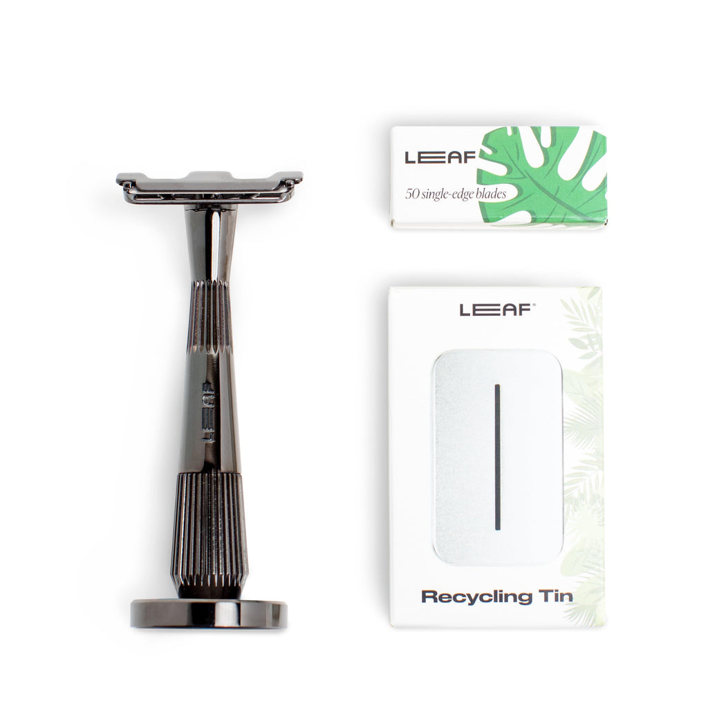 Leaf Shave | The Thorn Razor Set, Mercury - Includes Thorn Razor, Matching Stand, 50-Pack of Single-Edge Blade Refills, and Blade Bank