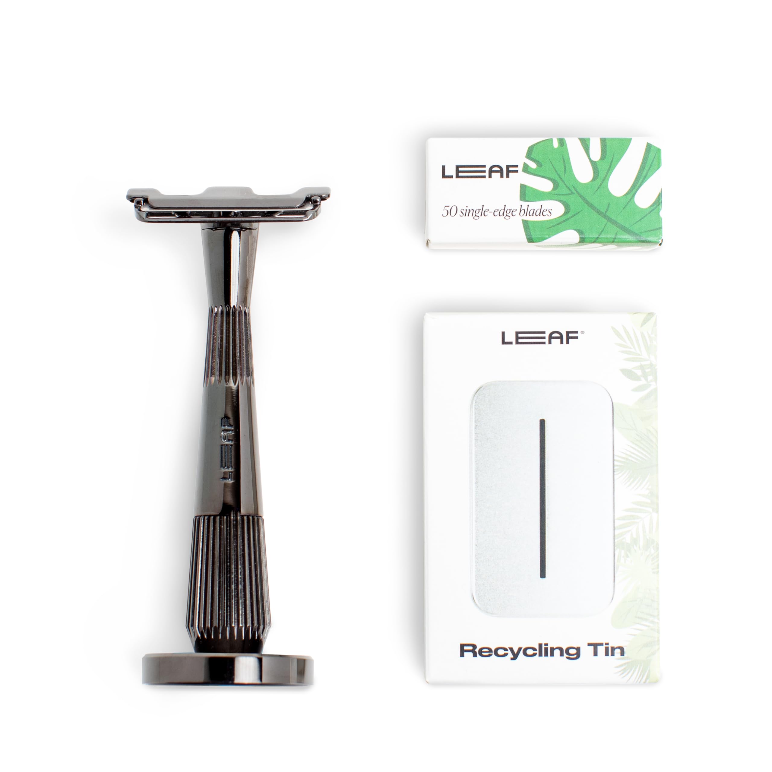 Leaf Shave | The Thorn Razor Set, Mercury - Includes Thorn Razor, Matching Stand, 50-Pack of Single-Edge Blade Refills, and Blade Bank