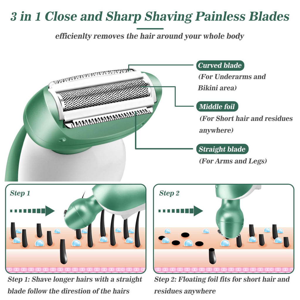 Akunbem Electric Razor for Women Electric Shaver for Legs Bikini Trimmer for Women Underarm Public Hairs Rechargeable Womens Shaver with Detachable Head Wet Dry Use Painless Cordless
