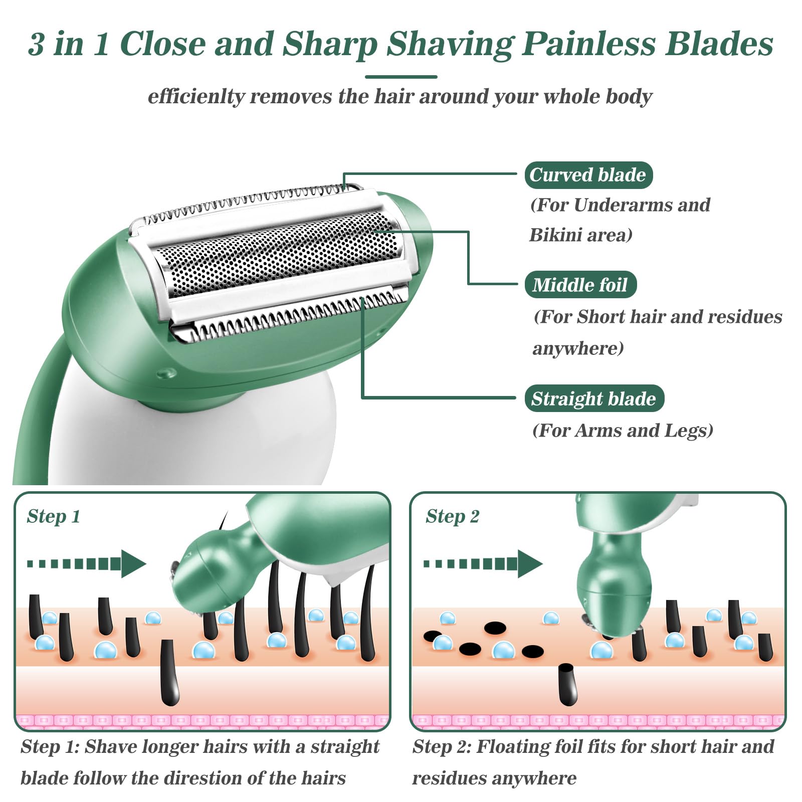 Akunbem Electric Razor for Women Electric Shaver for Legs Bikini Trimmer for Women Underarm Public Hairs Rechargeable Womens Shaver with Detachable Head Wet Dry Use Painless Cordless