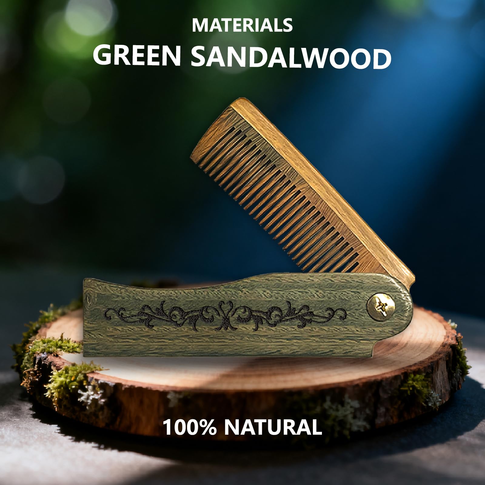 CHGCRAFT Retro Pattern Folding Wooden Comb, Carved Fine Tooth Hair Comb with Imitation Leather Protective Cover for Men Beard Mustache Grooming, Travel Pocket Comb Gift for Husband