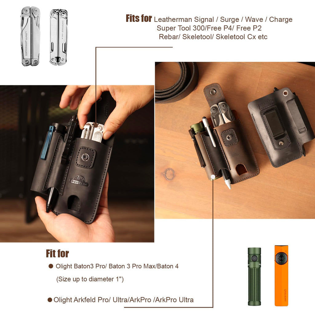 Topstache Leather Multitool Sheath - Multi Tool Holster with Belt Clip - EDC Belt Organizer Fits Multitool, Flashlight, Pen - Leather EDC Pouch Belt Holder Case with Closure Flap, Darkbrown