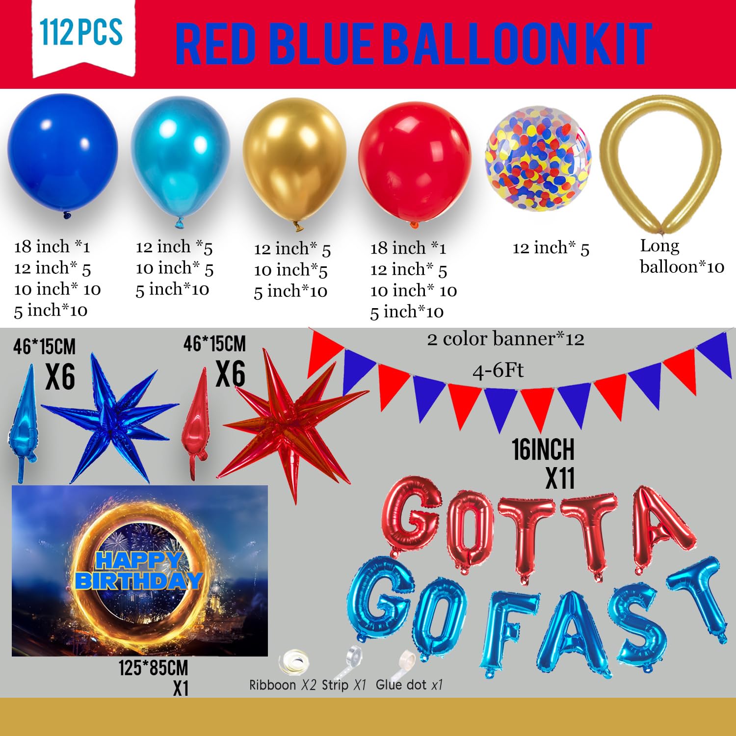 Red Blue Gold Hedgehog Birthday Party Decorations with Letter Lightning foil balloons Banner background backdrop for kid video game Cartoon Movies Super hero themed birthday gamer party decor