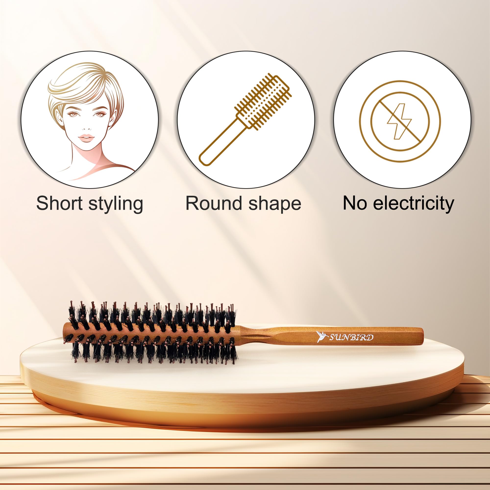 SUNBIRD Round Brush for Blow Out, Natural Wood & Boar Bristle, 1.6Inch