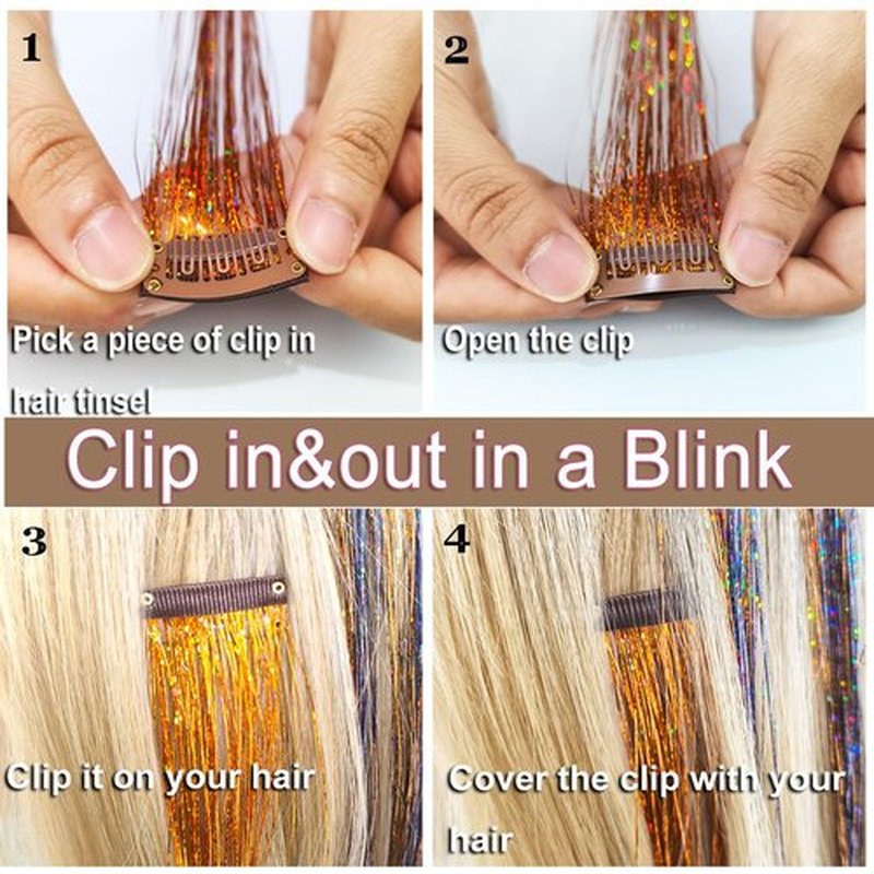 Celinabella Light Purple Violet Lavender Clip in Hair Tinsel,70 Strands Per Piece, 23 Inches, Heat Resistant Glitter Hair Extension, Includes Comb Hair Bow for Women for Party Cosplay Daily