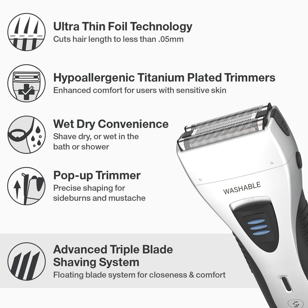 YASUN Foil Shaver - Electric Razor, Wet/Dry IPX7 Waterproof, Pop-up Beard Trimmer, Cordless Rechargeable Mens Razor - YS5800 Silver & Black