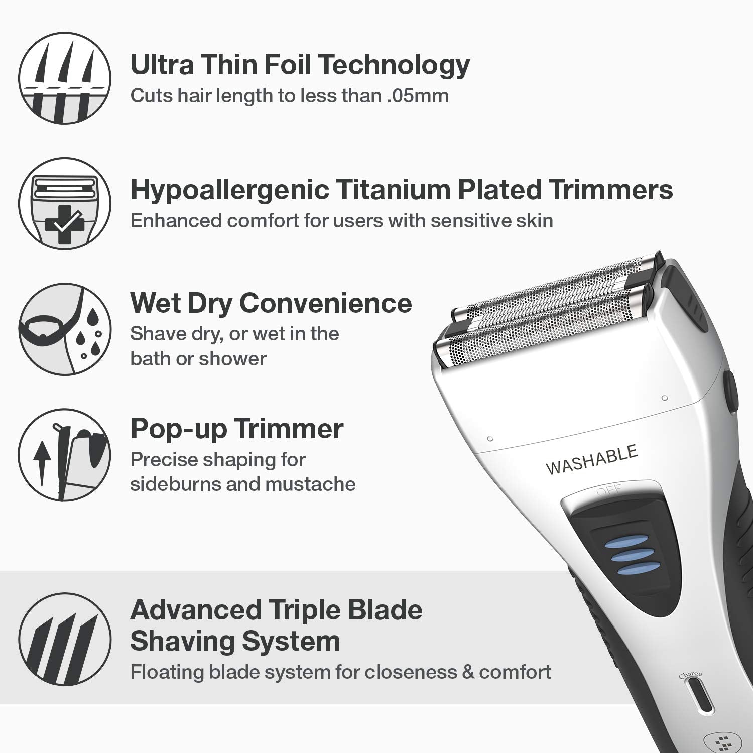 YASUN Foil Shaver - Electric Razor, Wet/Dry IPX7 Waterproof, Pop-up Beard Trimmer, Cordless Rechargeable Mens Razor - YS5800 Silver & Black