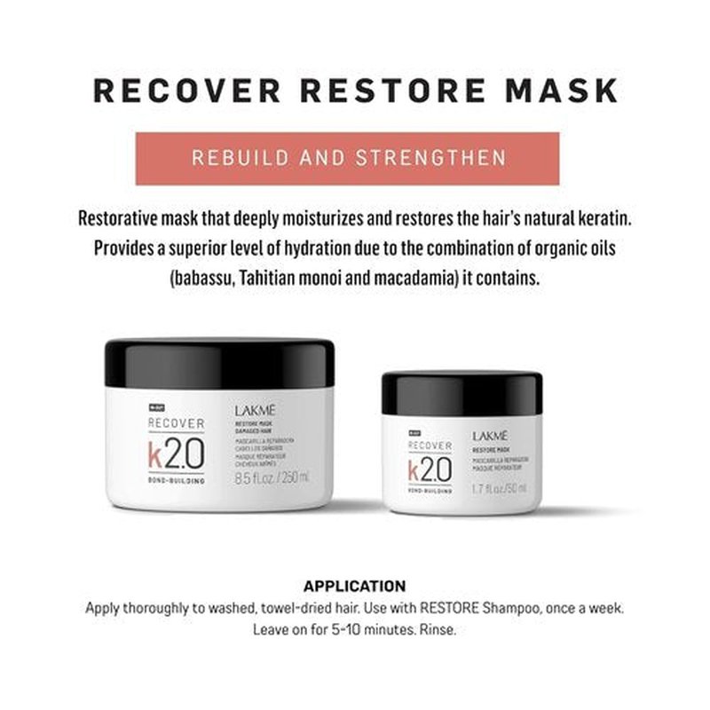 Lakmé K2.0 Recover Restore Mask - Deep Hydration Hair Mask for Damaged Hair | 8.45 Fl Oz