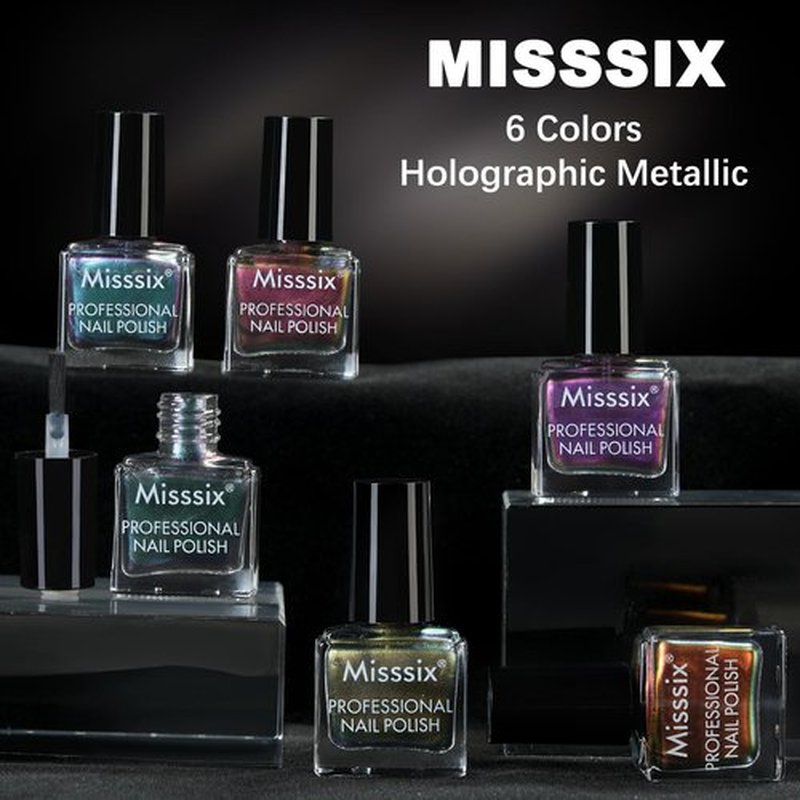 Misssix Nail Polish Set 6 Colors 5ml Holographic Metallic Lacquer Quick Dry Nail Polish Long Last Fingernail Toe Nail Art for Women Girls Home Salon