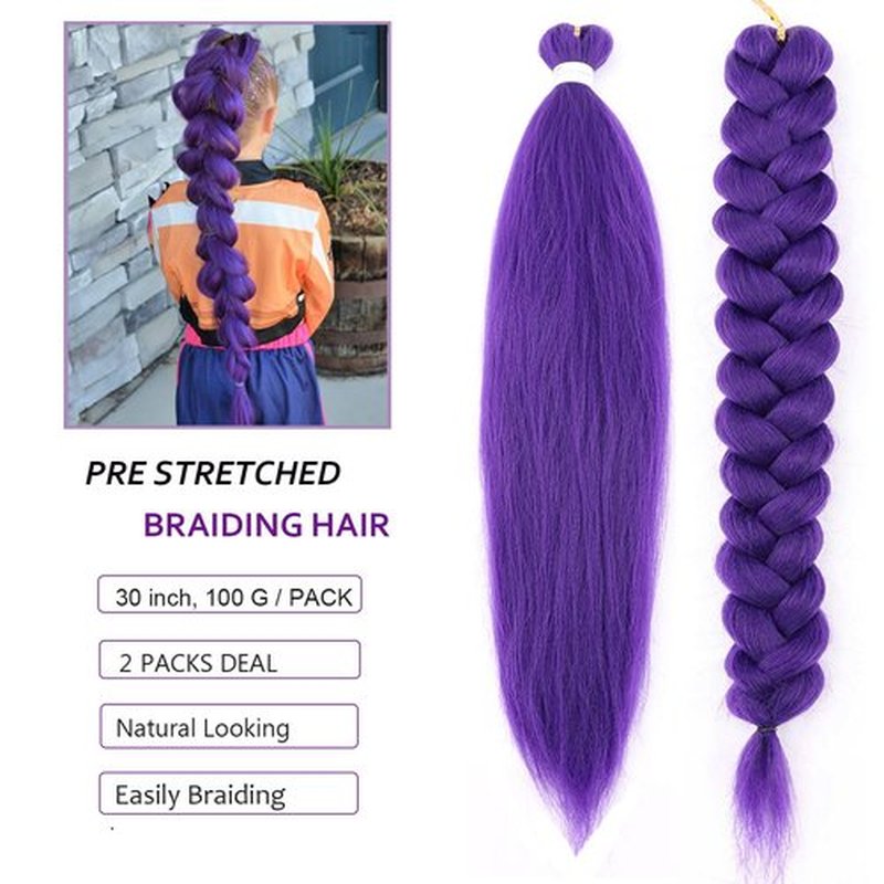 Flyteng Long Purple Braiding Hair 30 Inch Pre Stretched Synthetic hair Extensions for Braids 2 Packs Purple Rumi Braiding Hair for Stage Party Halloween Costume Cosplay