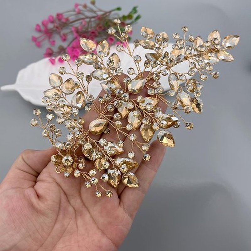 Mpoikba Wedding Hair Pieces for Brides, Rhinestone Bride Headpiece, Handmade Bridal Hair Accessories(Champagne)
