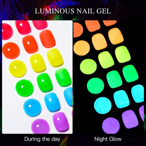 MSRUIOO Glow in the Dark Gel Nail Polish, 6 Colors Luminous Neon Gel Polish Set Fluorescent Bright Colors Hot Pink Yellow Purple Glow Effect Soak Off UV Gel Polish for DIY Nail Art Design