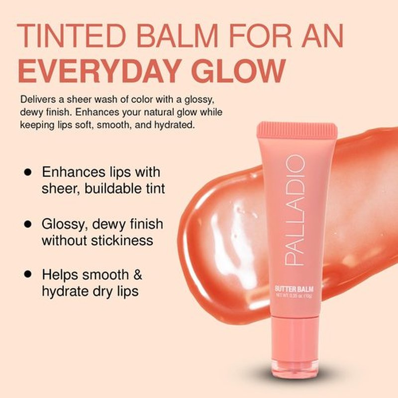 Palladio Butter Balm - Hydrating Lip Balm with Aloe & Peptides for Moisture | Peaches & Cream Tint