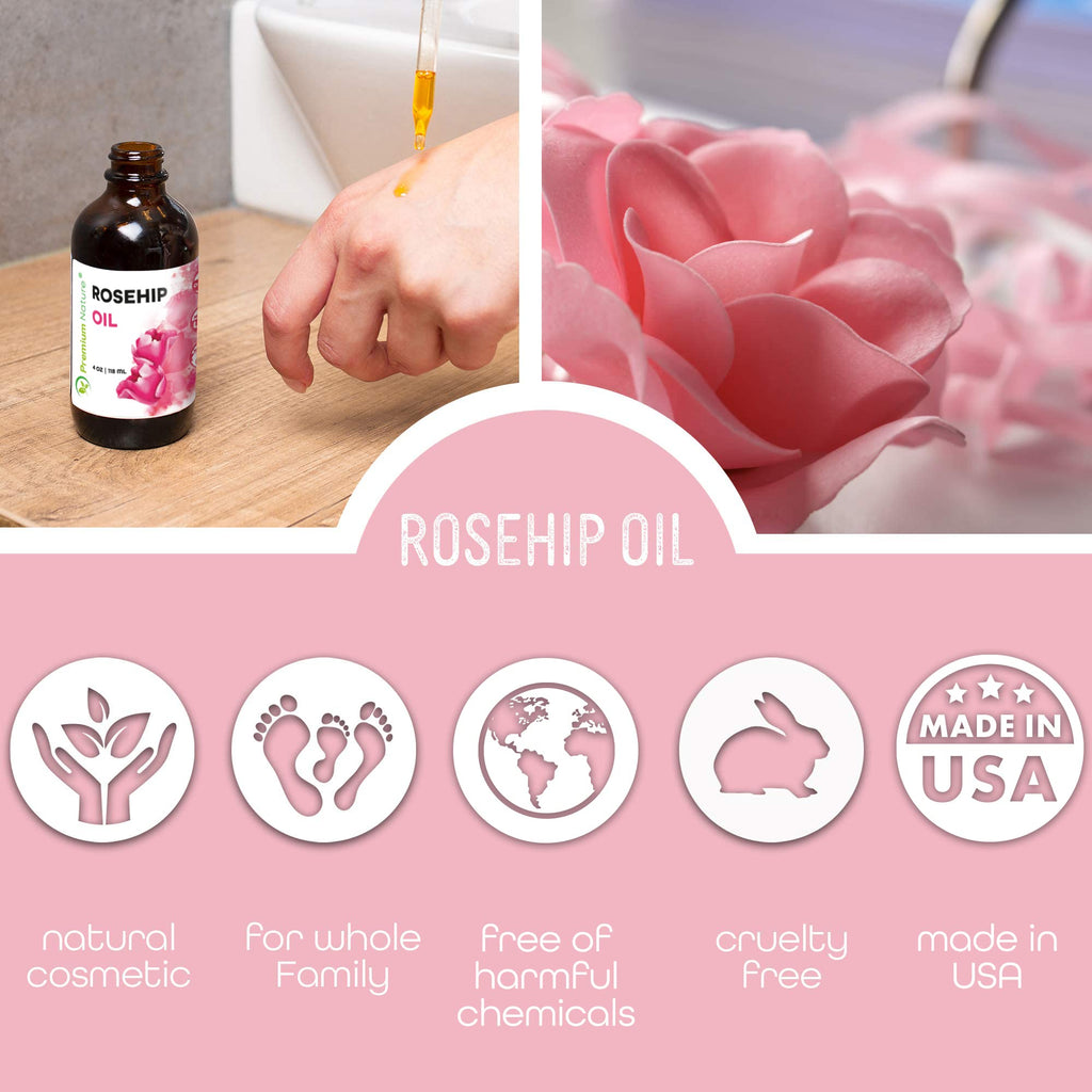 Premium Nature Rosehip Oil For Face for Women, Rosehip Seed Pure Cold Pressed Unrefined For Hair and Nails Skin Care Moisturizer, Rose Hips Face Oils and Serums 4 oz
