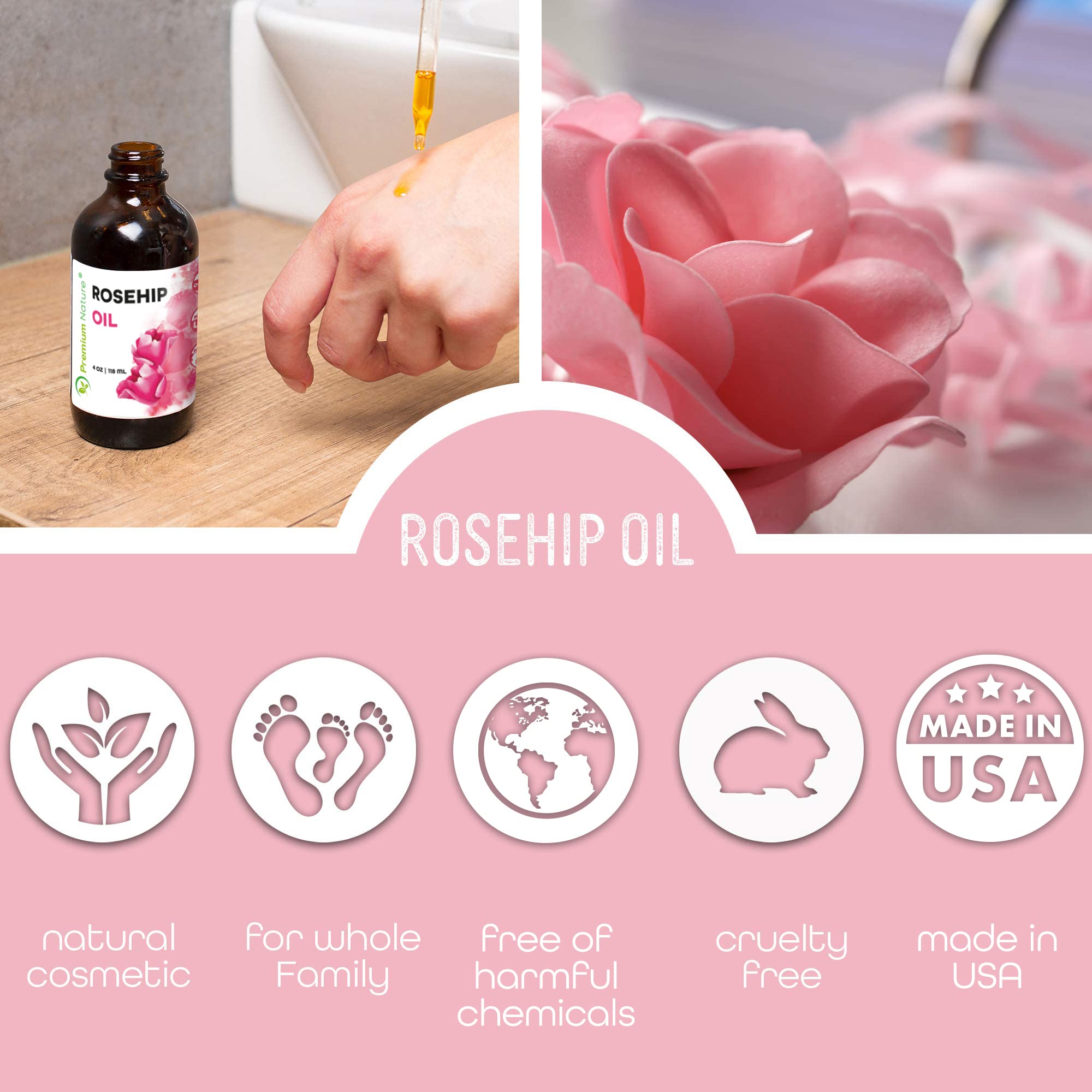 Premium Nature Rosehip Oil For Face for Women, Rosehip Seed Pure Cold Pressed Unrefined For Hair and Nails Skin Care Moisturizer, Rose Hips Face Oils and Serums 4 oz