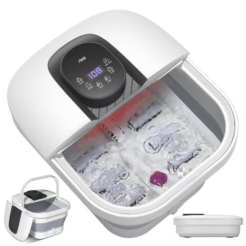 RIKE Collapsible Foot Spa with Heat, Bubbles, 24-Level Temp Control, Red Light, Timer, Foot Soaking Tub with 6 Shiatsu Rollers & Pumice Stone, Foot Bath Massager Pedicure FootSpa for Stress Relief