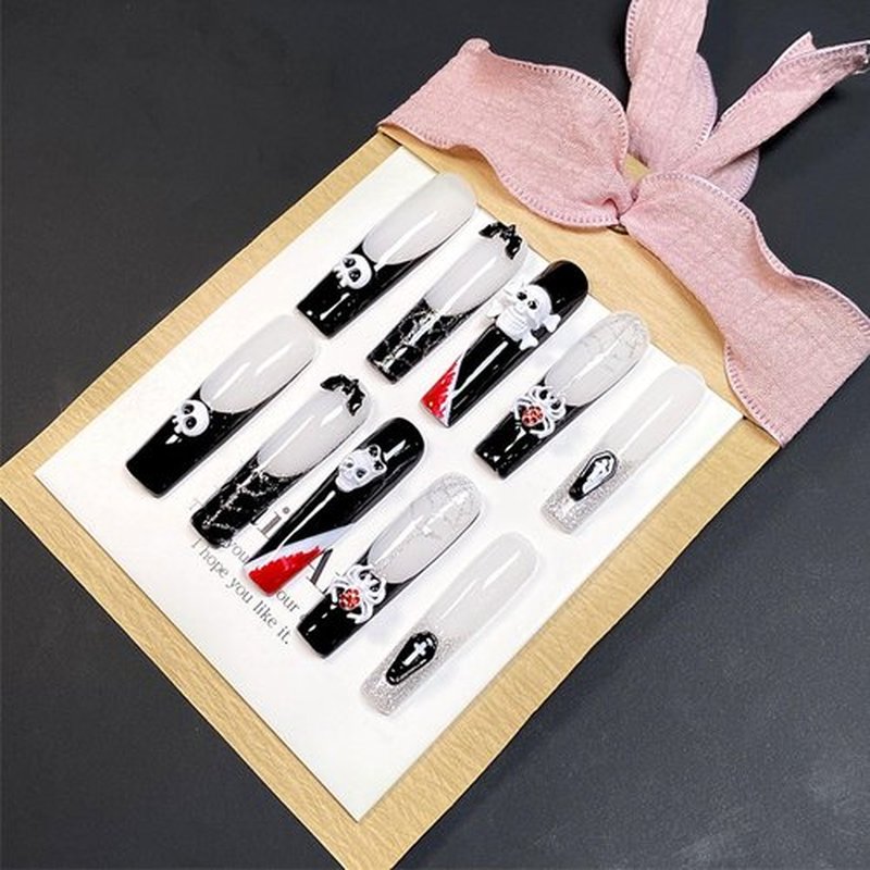 Extra Long Square Handmade Nails with Glue,Goth Press on Nails Halloween False Nails with Skull Charms Acrylic Full Cover Reusable Nails Muti-Layer Gel Nail Press ons for Women (Size S)