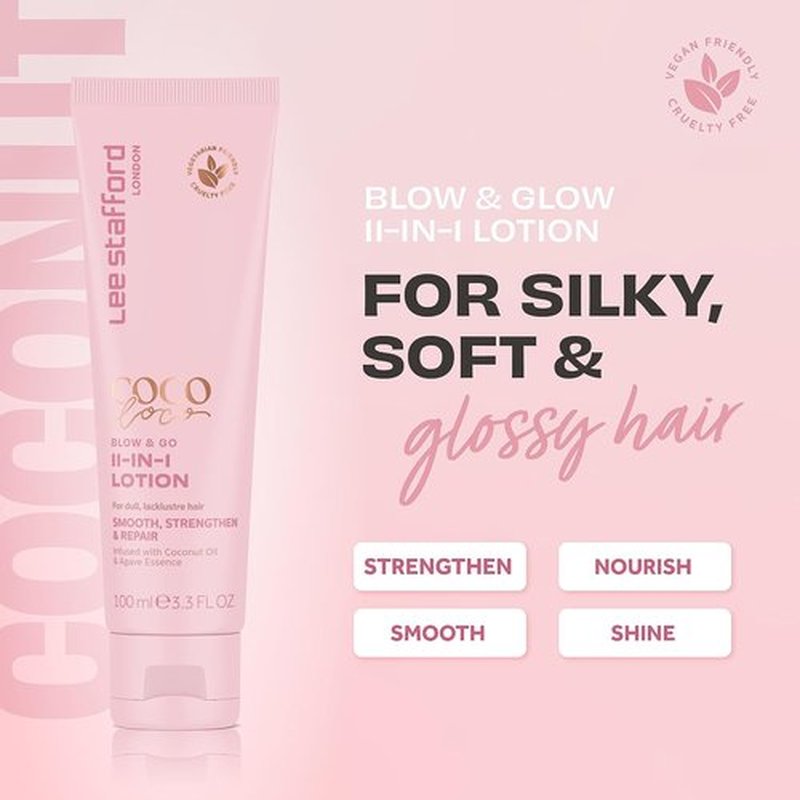 Lee Stafford Blow Dry Hair Lotion - 11-in-1 Leave-In Styling Cream, Coconut Scented, 3.3 Fl Oz