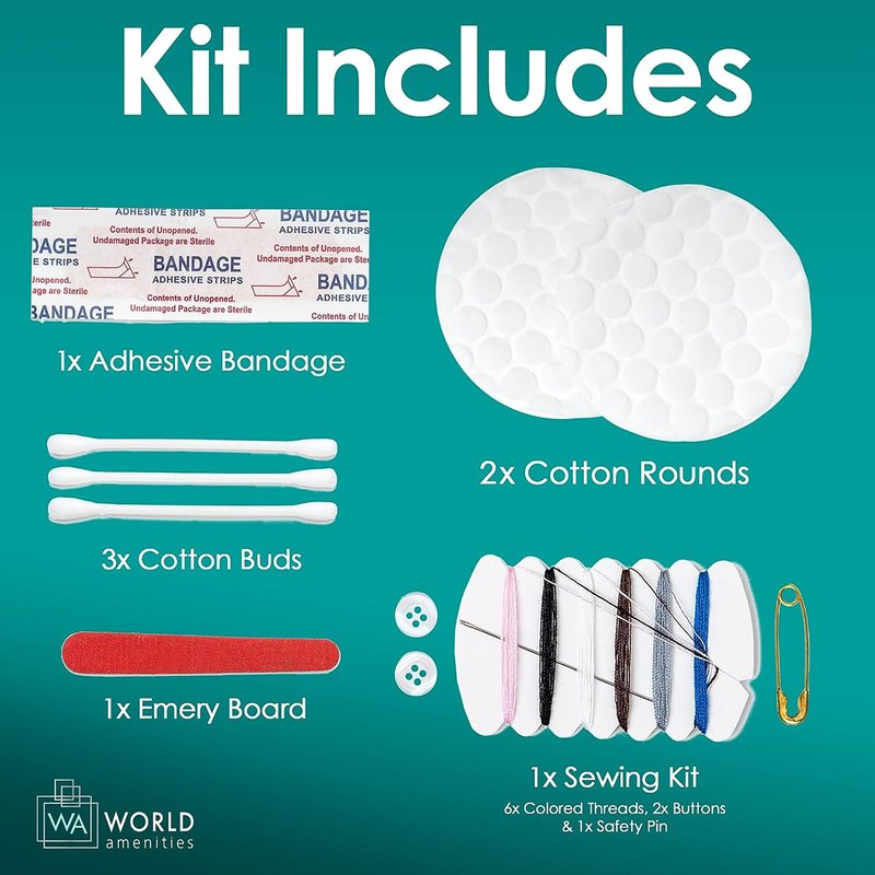World Amenities Necessities Grooming Vanity Kit | Hotel Amenities | Includes Sewing Kit, Nail File, Cotton Swabs, 2 Cotton Rounds and Band-Aid | Pack of 25 Kits