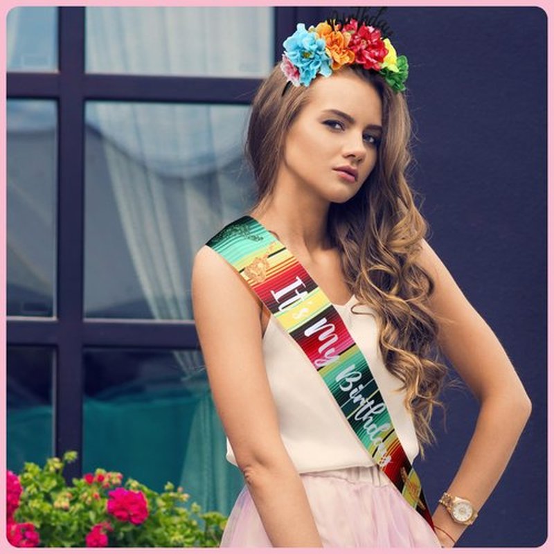 Hoteam 2 Pcs It's My Birthday Headband and Sash Mexican Flower Crowns Cinco de Mayo Satin Sash Fiesta Birthday Tiara Crown for Women