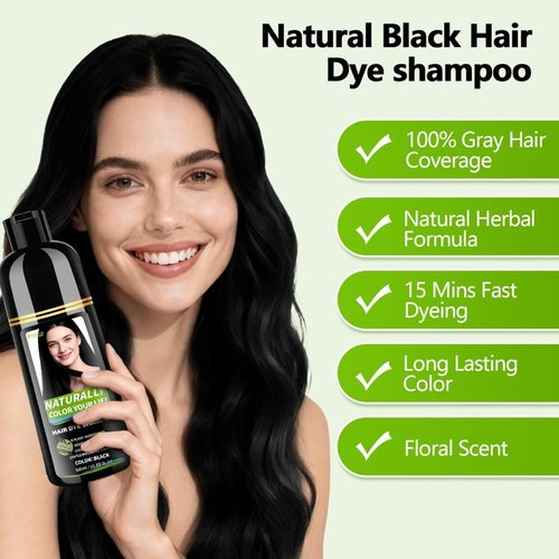 RKQNIER Black Hair Dye Shampoo for Women & Men, 15 Min Gray Coverage, 3 in 1 Semi-Permanent Color with Natural Herbal Ingredients