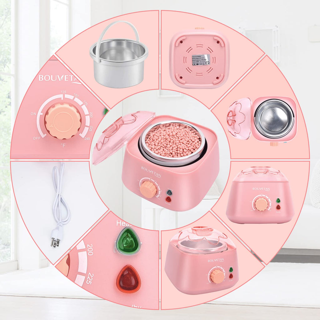 Waxing Kit for Women, Bouvetan Dual LED Wax Warmer for Hair Removal with 14oz Hard Wax Beads for Full Body, Eyebrows, Armpit, Legs, Chest Bikini Brazilian Painless Waxing Kit for Women Men (Pink)