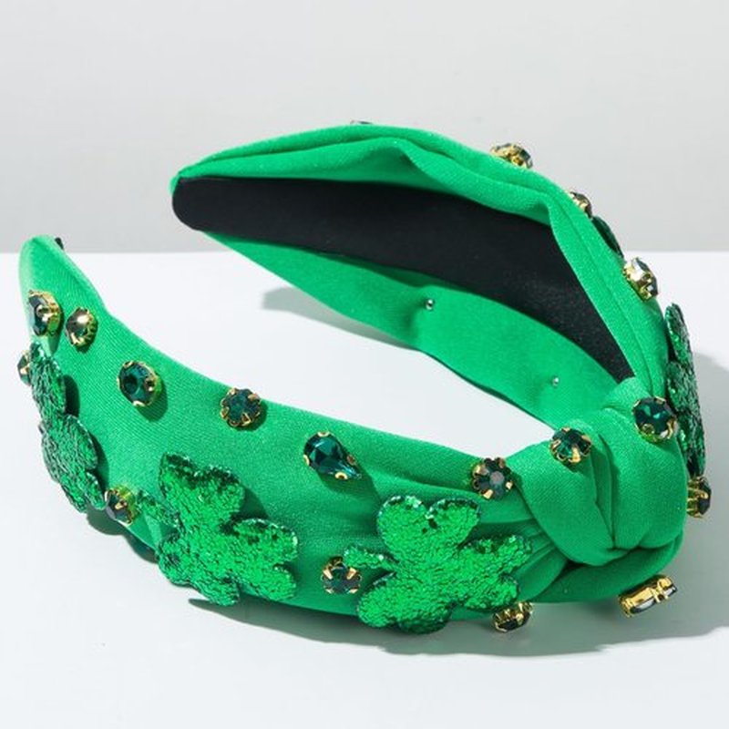 St.Patrick's Day Headband for Women Green Sequins Shamrock Knotted Headbands Rhinestone Crystal Lucky Leaf Embellished Wide Top Knot Headbands St.Patrick's Day Accessories