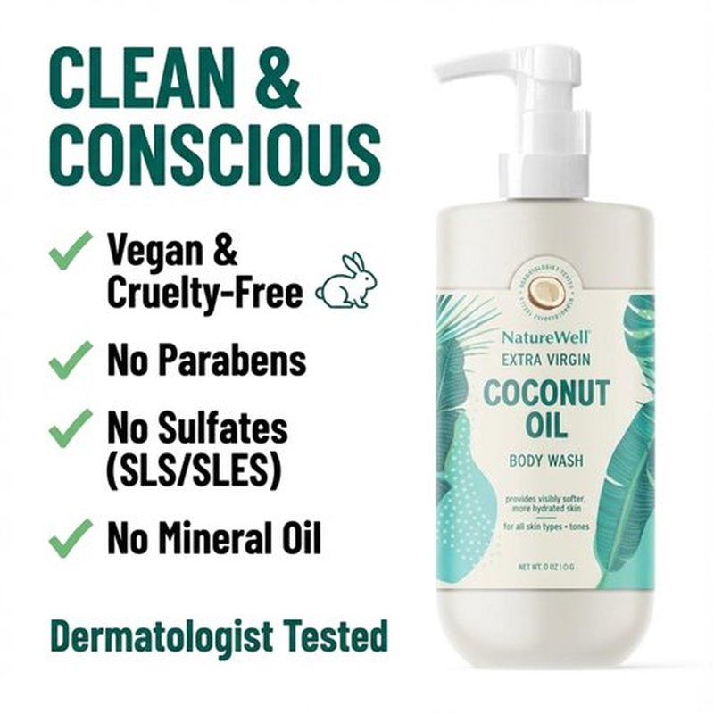 NATURE WELL Extra Virgin Coconut Oil Ultra-Moisturizing Body Wash, Gentle & Creamy Formula Packed with Antioxidants, Vitamins A, C & E, & Squalane, Provides Gentle Cleansing & Intense Hydration, 33 oz