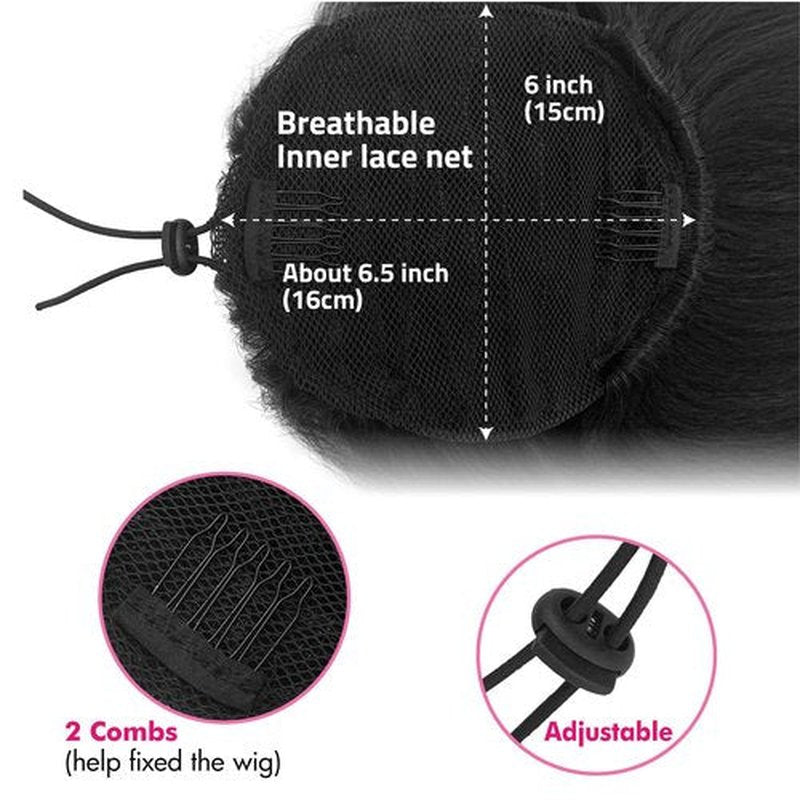 UAmy hair Flick Ponytail Extension 14 inch Yaki Straight Drawstring Ponytail for Black Women Shoulder Length Natural Black Synthetic Kinky Straight Hair Pony Tail with Tail Warping(1B)